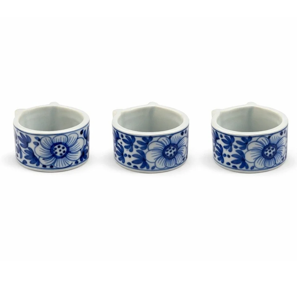 Vintage Blue White Ceramic Cat Head Napkin Rings Set of 3 Floral Chinoiserie
